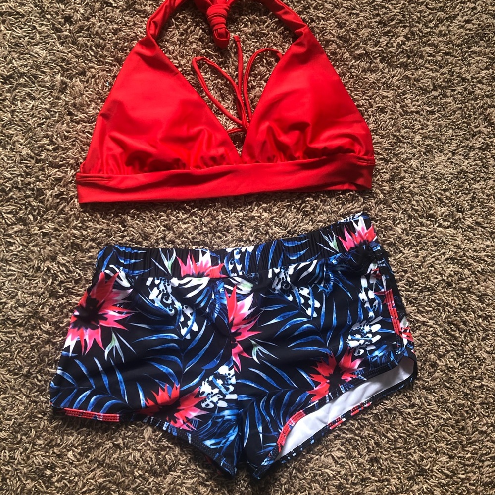 Halter bathing suit top with matching swim shorts